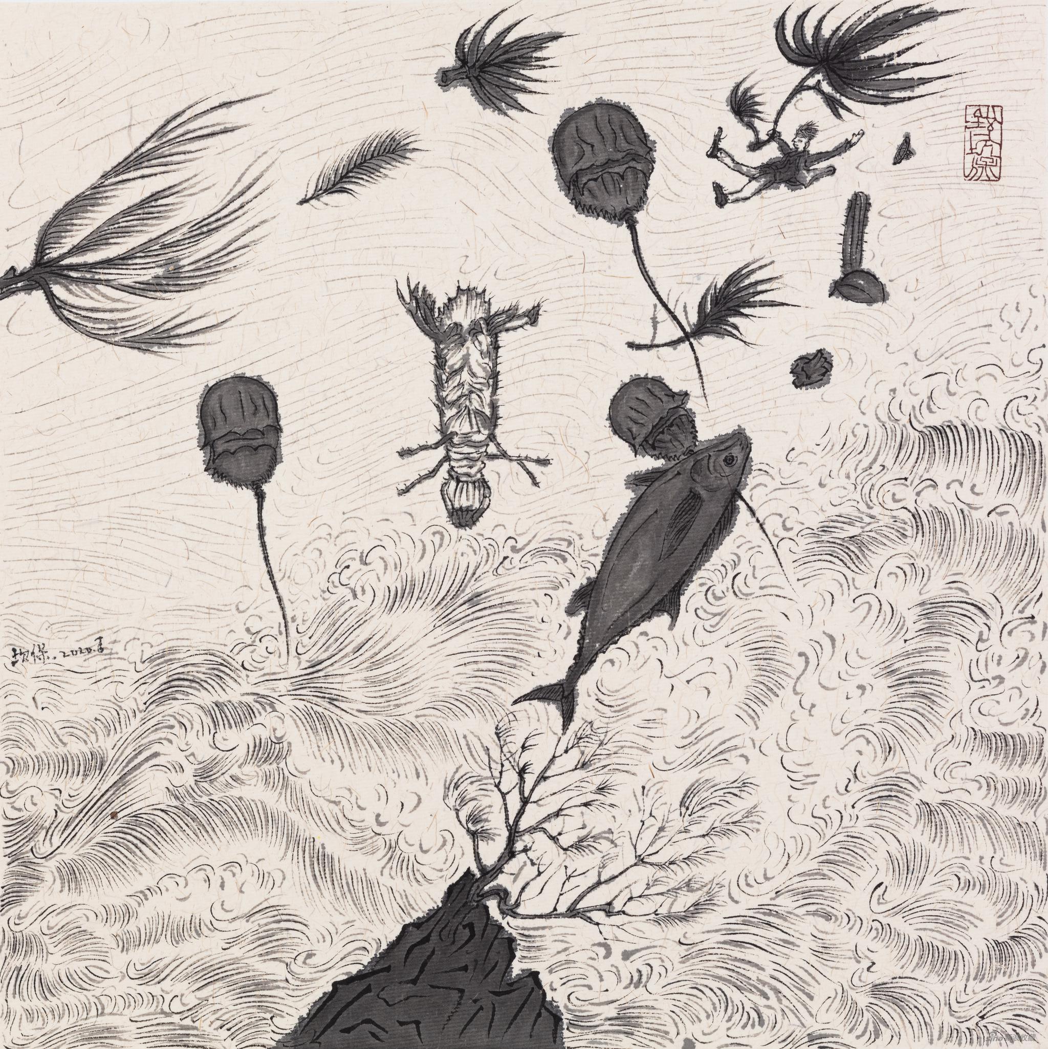 《隐秘角落的台风》 银坎保 纸本、墨 29×29cm 2020