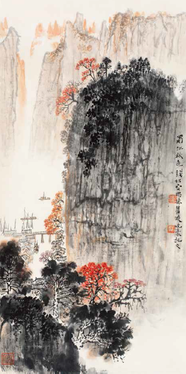 钱松嵒 蜀江秋色 纸本 立轴 67×34 cm