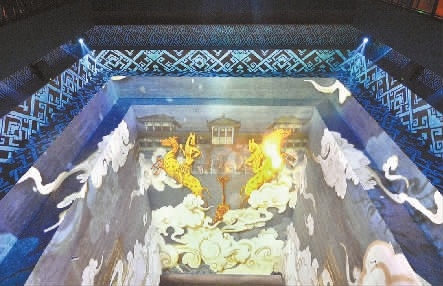 图②：3D技术动态声光的震撼效果，向观众展示了汉代棺椁陈放设置、汉代生活方式和丧葬观念。  