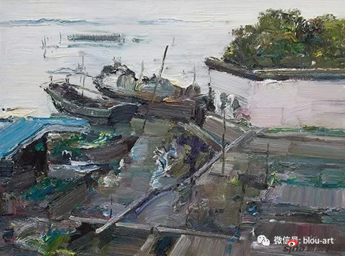 姚茛《渔港码头》 布面油画 60x80cm