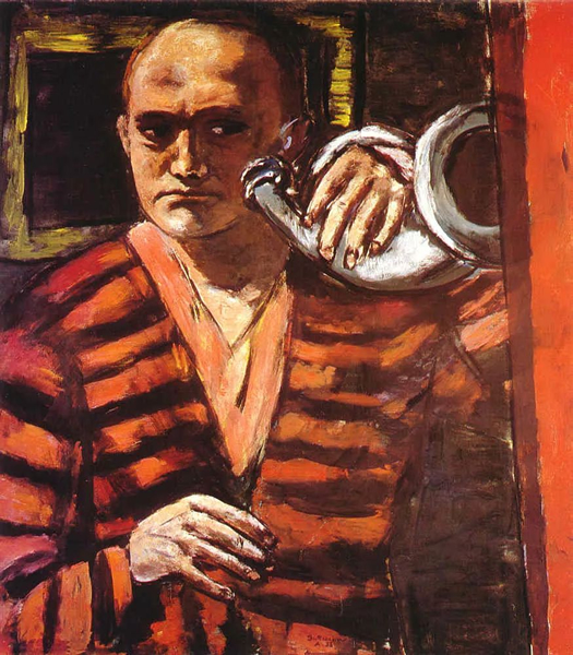 《吹号的自画像》（Self-Portrait with Horn），Max Beckmann，布面油画，1938年