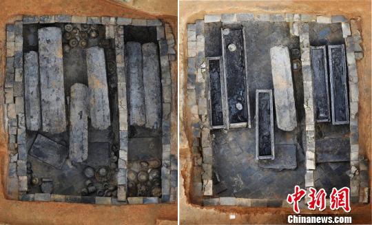 拼图:左图为墓室正射影像图,右图为棺盖打开后正射影像图。(江西省文物考古研究院 供图)