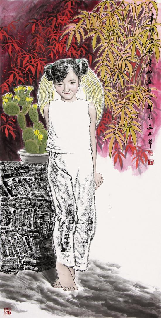 王有政《戴草帽的小女孩》 136cm×68cm