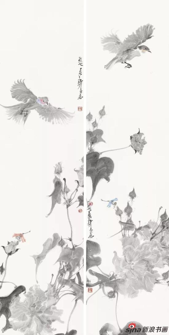 周京新 芙蓉飞鸟四条屏之一?国画 138cm×34cm×2