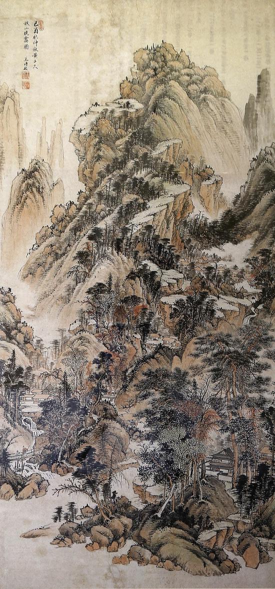 过云楼所藏的名画《秋山晓霁图》，清·王时敏作，172.2×82.8(厘米)，顾氏后人捐赠苏州博物馆