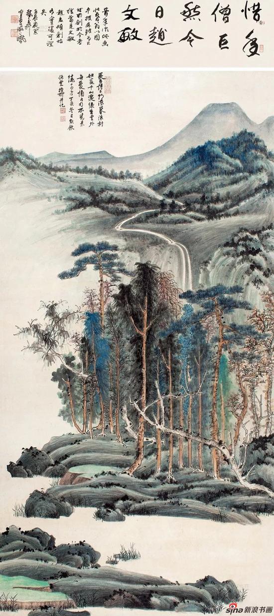 1947年作 李长吉诗意图 立轴 设色纸本 画心134×67cm；诗堂20×67cm