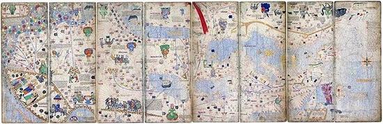 　　© Bridgeman Images 亚伯拉罕·克莱斯克斯绘制 《加泰罗尼亚地图》 1375年兽皮纸彩绘法国巴黎国家图书馆