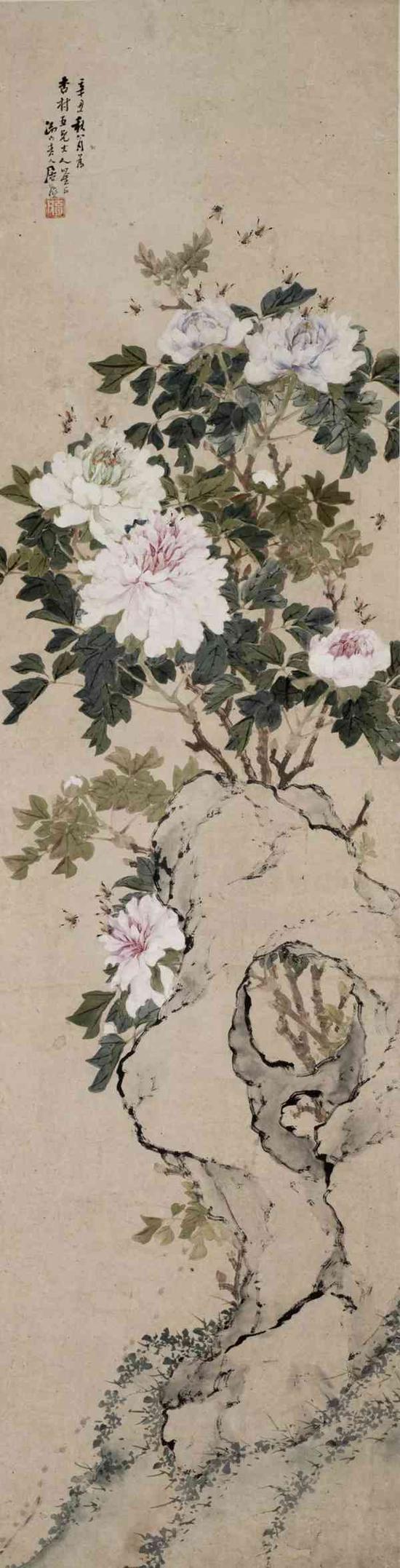 居廉 牡丹蜜蜂 　　设色纸本 立轴 　　128.5×33cm 　　成交价：RMB 230，000