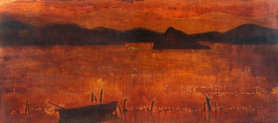 《泸沽湖之晨》何豪亮，1973年，木板漆画、大漆，92X41CM