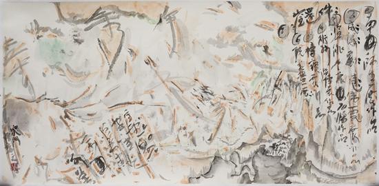 王晓辉，脏墨系列No.22，69×138cm，纸本水墨综合，2017