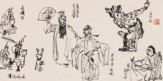 叶浅予 戏剧人物写神形图卷(局部) 34cm×136cm 纸本水墨