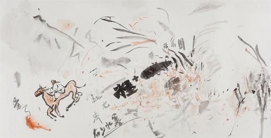 王晓辉，脏墨系列No.21，69×138cm，纸本水墨综合，2016