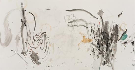 王晓辉，脏墨系列No.3，69×138cm，纸本水墨综合，2012