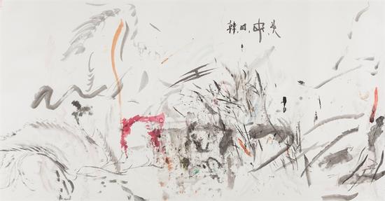 王晓辉，脏墨系列No.15，69×138cm，纸本水墨综合，2015