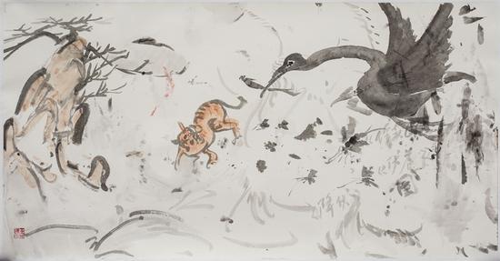 王晓辉，脏墨系列No.23，69×138cm，纸本水墨综合，2017