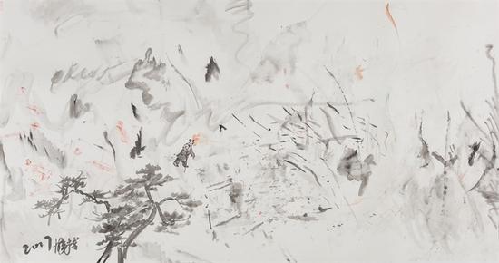 王晓辉，脏墨系列No.18，69×138cm，纸本水墨综合，2016