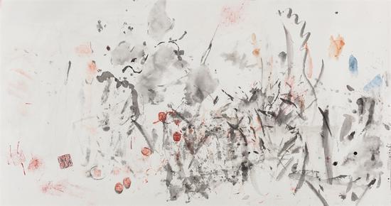 王晓辉，脏墨系列No.16，69×138cm，纸本水墨综合，2015