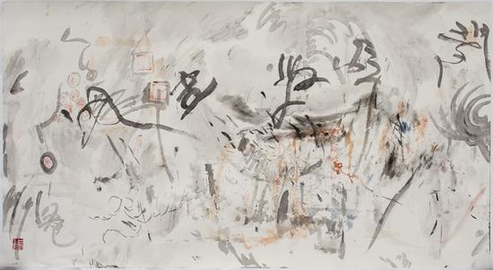 王晓辉，脏墨系列No.25，69×138cm，纸本水墨综合，2017