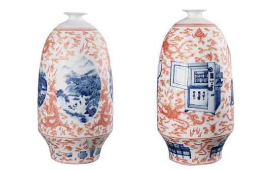 郝振瀚Hao Zhenhan，模仿，模仿-窑炉的革新Imitation，Imitation-The Kiln Revolution，瓷、青花、矾红Porcelain、Blue and white with iron red,41x25x25cm，2016