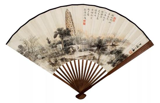 黄幻吾 雷峰塔 设色纸本 成扇 19×47cm