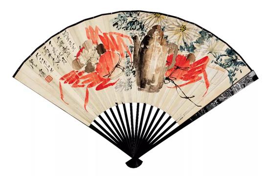唐云 花卉 设色纸本 成扇 18×48cm