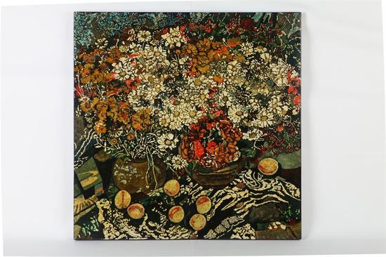 《花与桃》肖连恒，1997年，木板漆画、漆粉、蛋壳，80x80cm