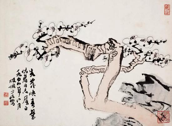 陆俨少 梅石 设色纸本 镜片 34×46.5cm 注:上款人王佐群,原上海市委副秘书长。