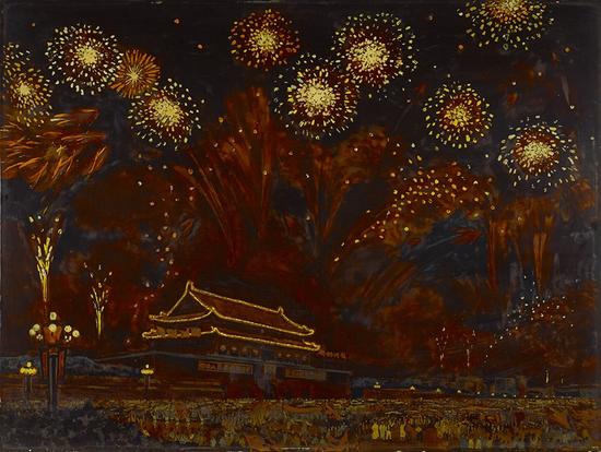 《节日之夜》杨富明、夏镜湖，1972年，木板漆画、大漆，120x90cm