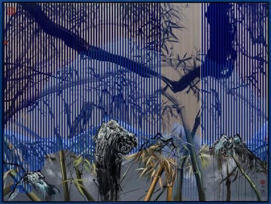 　　那危 《竹石江山图4》 布面油画、绢本中国水墨 150x200cm 2016 