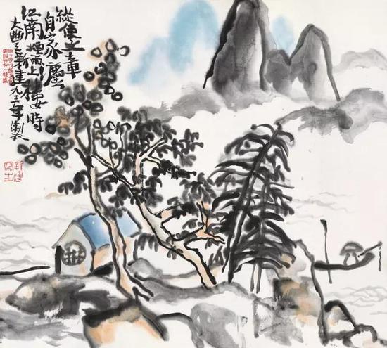 Lot 624 　　朱新建 渔歌图 　　1993年 纸本彩墨 41×45.8cm。