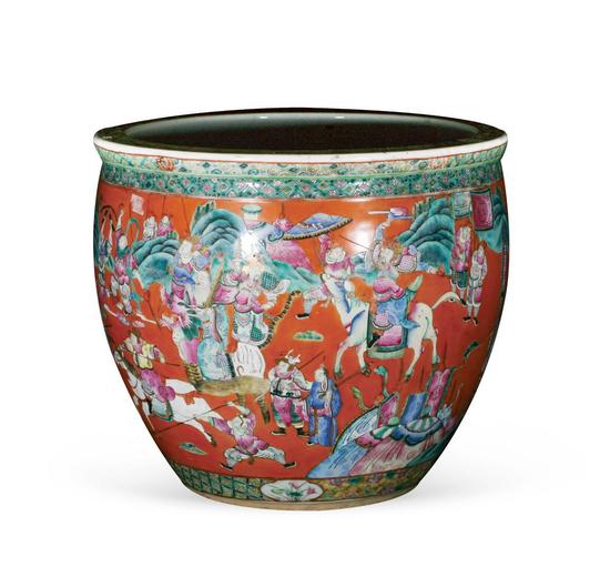 Lot 1065 清 红地粉彩刀马人卷缸(内金鱼纹) 高:36cm;口:41.3cm;底:23.5cm