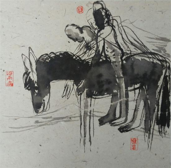 马儿醒来，会追随风去的更远1 45x45CM(1平尺)纸本水墨 2017