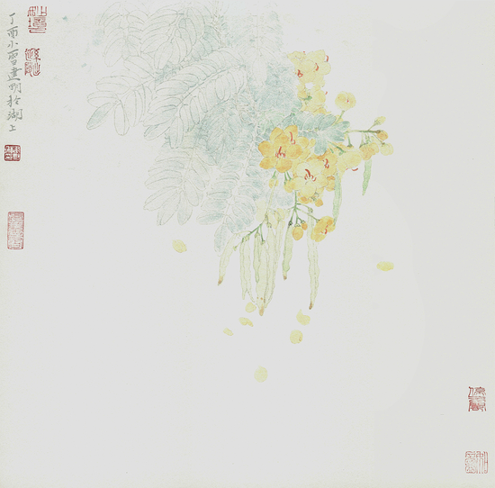 《岭南花信之二--黄槐决明》-吴建明--纸本彩墨-38cmX38cm