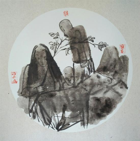 马儿醒来，会追随风去的更远3 45x45CM(1平尺)纸本水墨 2017