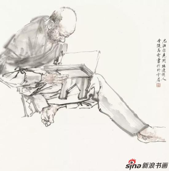 高云 加德满都路边读书人 国画 68cm×68cm