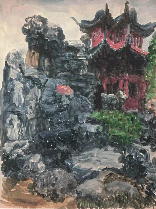 周春芽 《豫园假山》，2018年，纸上丙烯，43.8x32.5cm