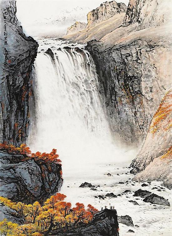 关山月绘于1972年的作品《天池飞瀑》