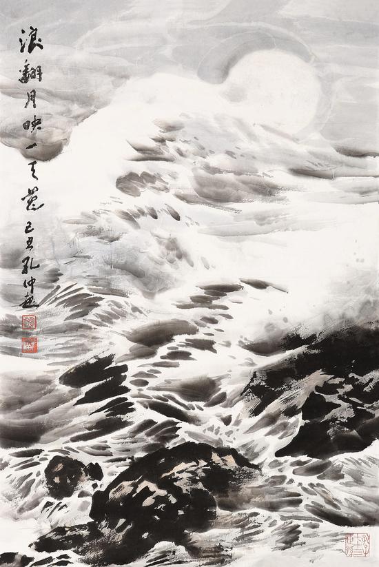 孔仲起《浪帆月映》 68cm×52cm