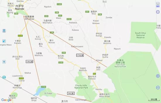 ▲内罗毕国家公园、安博塞利、察沃三地之间的直线距离