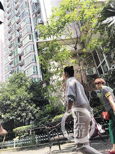 163b0e57ffc6a05d7ddf24761b86696b.jpg △东门处,因为外墙砖脱落有安全隐患,物管用椅子拉起警戒线。