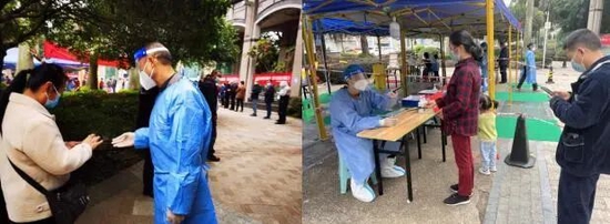 父亲向卫东和儿子向祥龙一起参与防疫志愿服务。渝北区回兴街道办事处供图