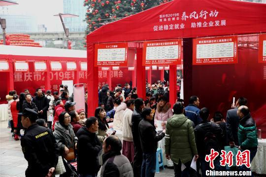 图为由重庆市人力资源和社会保障?#31181;?#21150;的2019年“春风行动”系列招聘在九龙坡区启动。 杨泽胜 摄