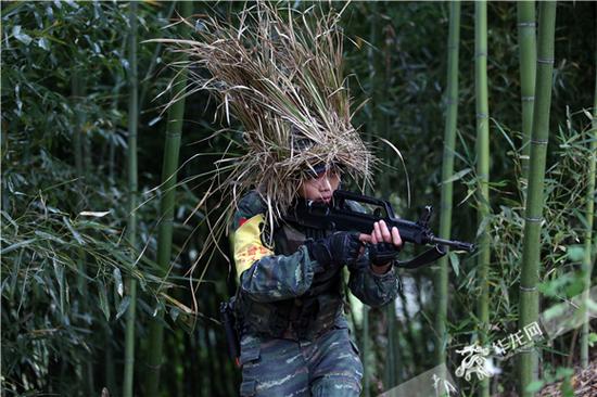 山林捕歼,特战队员在密林深处伪装搜索。曹伟 摄