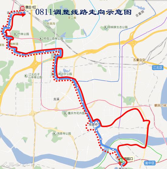0811路调整路线走向示意图