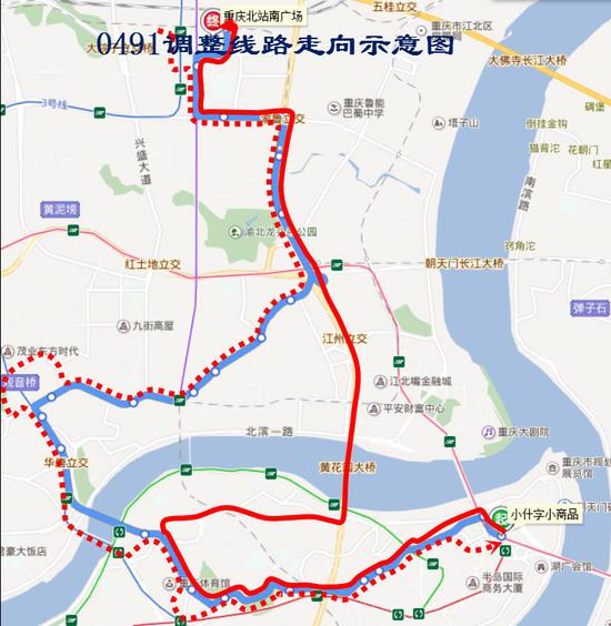 0491路调整线路走向示意图