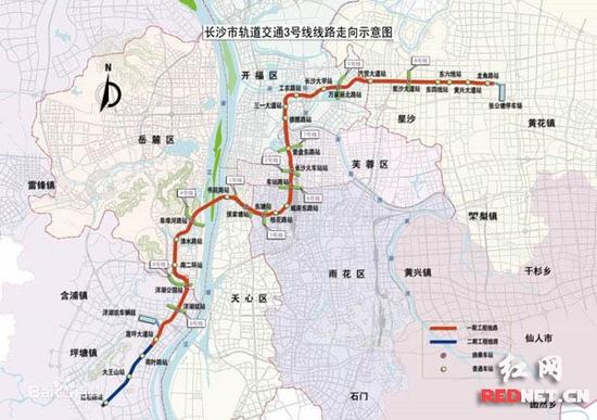 长沙地铁3号线走向示意图。