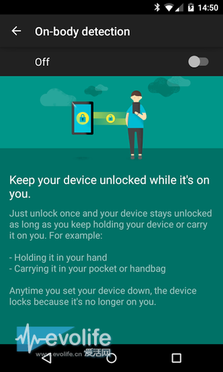 Android 5.0好像有个智能解锁屏幕功能 能感知手机是否在你身上
