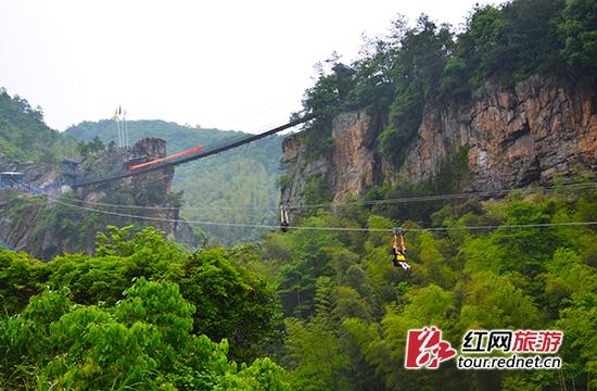 游客体验景观滑索,身后是被命名为“鹊桥”的高空吊桥。