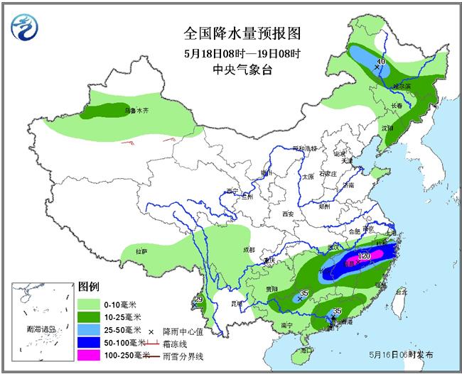 5月18日08时至19日08时全国降水量预报图