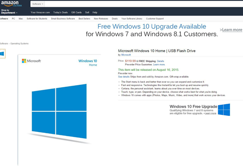 微软确认Win 10通过U盘出售 可在亚马逊预定
